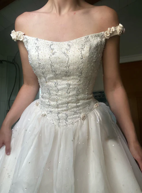 Retro A Line Off the Shoulder Beaded Light Apricot Satin Tulle Wedding Dress SH5945