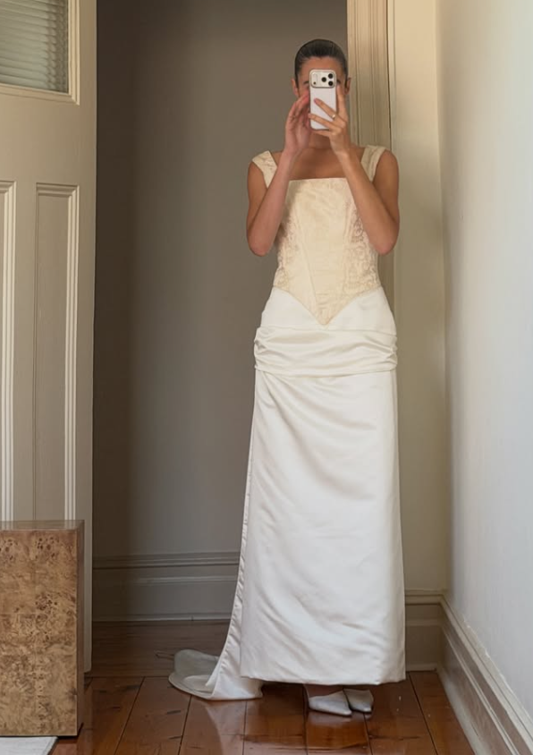 Vintage Simple A Line Square Neck Apricot Print Satin Wedding Dress SH8471