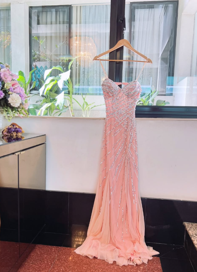 Vintage A Line Spaghetti Straps Sequin Light Pink Chiffon Long Prom Dress Date Dress SH4945