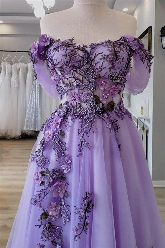 Off The Shoulder Tulle Applique Long Prom Dress Fairy Evening Dress SH705