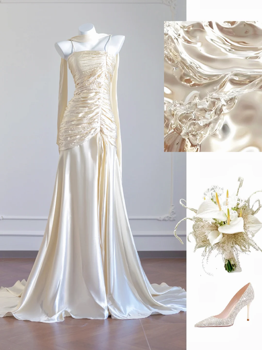 Ivory White Mermaid Spaghetti Straps Pleated Satin Long Prom Dress Party Dress SH4367