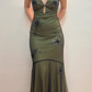 Vintage Mermaid V Neck Beaded Green Chiffon Satin Prom Dress Evening Dress SH2119