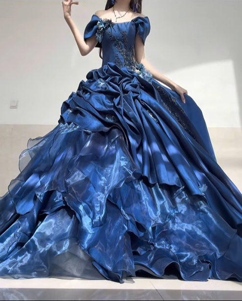 Dark Blue Ball Gown Off the Shoulder Beaded Organza Satin Graduation Ball Gown 18th Birthday Dress SH4986