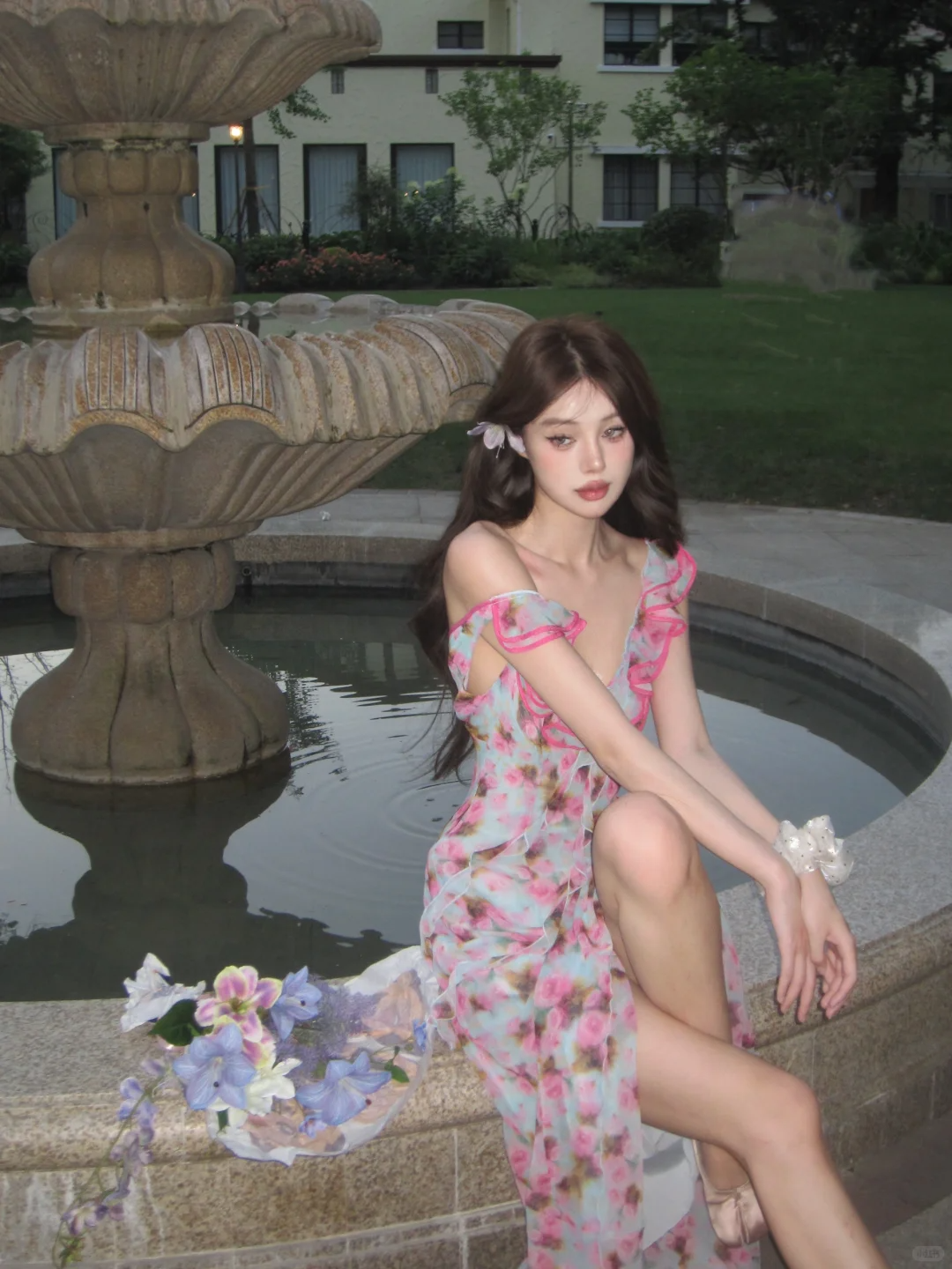 Romantic A Line Spaghetti Strap Print Floral Chiffon Prom Dress Outfits SH4486