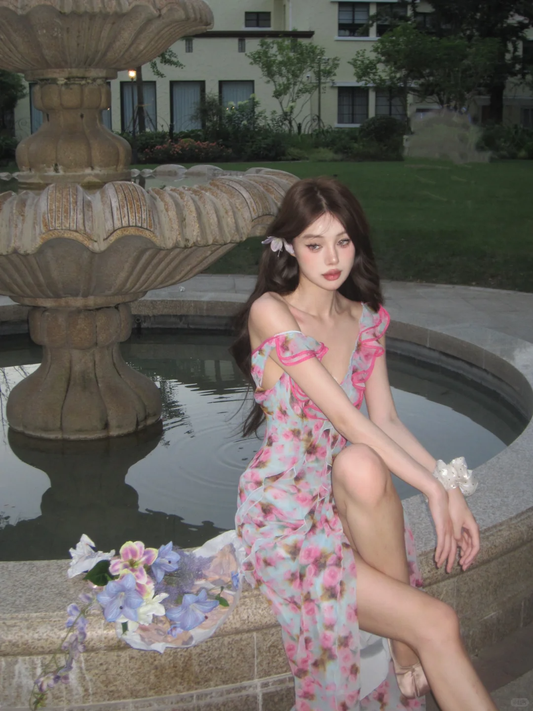 Romantic A Line Spaghetti Strap Print Floral Chiffon Prom Dress Outfits SH4486