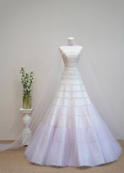 Purple Ombre Ball Gown Strapless Sequin Beaded Tulle Long Prom Dress SH5037