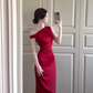 Elegant Burgundy Mermaid Beaded Satin Long Prom Dress Party Dress SH5016