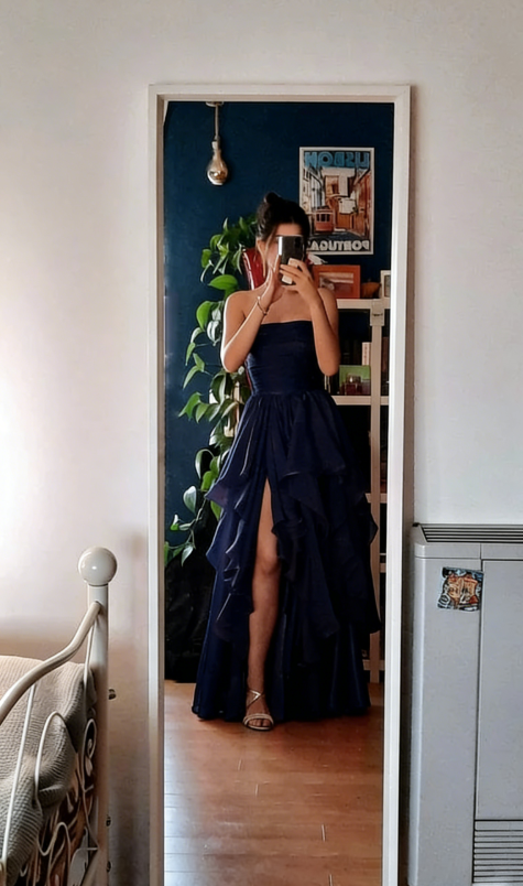 Sexy Red Chiffon Tiered Long Prom Dress A Line Slit Evening Dress SH1495
