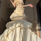 Light Yellow Rose Mermaid Off the Shoulder Pleated Lace Satin Prom Dress Party Dress SH5025