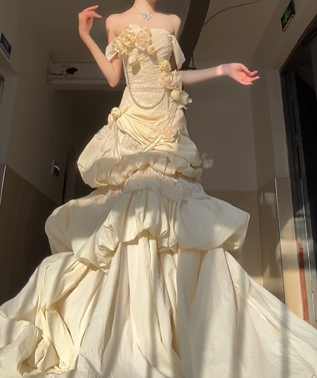 Light Yellow Rose Mermaid Off the Shoulder Pleated Lace Satin Prom Dress Party Dress SH5025