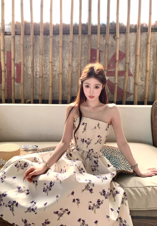 Purple Print Floral A Line Strapless Satin Long Prom Dress Party Dress Birthday Dress SH3756