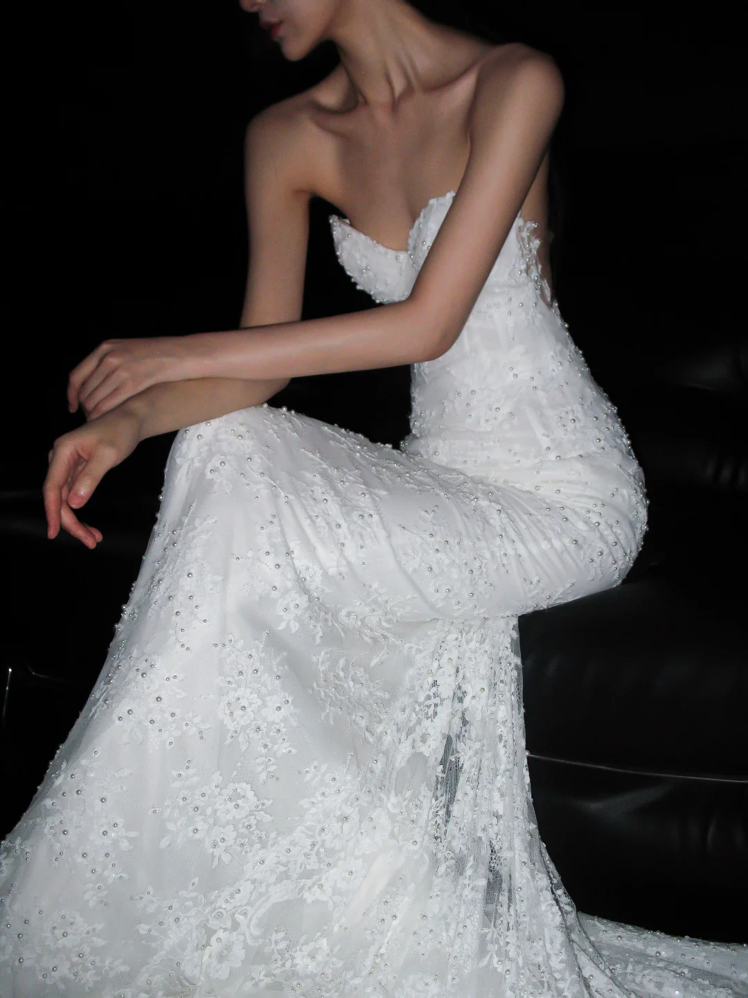 White Mermaid Sweetheart Neck Lace Long Sweep Wedding Dress SH5970