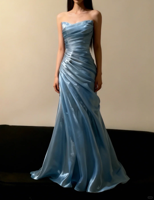 Elegant Blue Mermaid Strapless Layered Satin Long Prom Dress Evening Dress SH5107