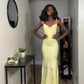 Yellow Mermaid Spaghetti Strap Print Floral Satin Prom Dress Outfits SH4742