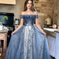 Stunning Blue Tulle Off Shoulder A Line Long Prom Dress, Evening Dress With Sleeve KS7424