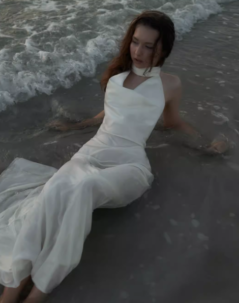 Elegant Mermaid Halter Pearl Ivory Satin Long Evening Dress Party Dress SH3029