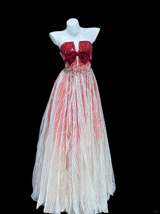 Red White Ombre A Line Strapless Exquisite Beaded Sequin Tulle Long Prom Dress SH5002