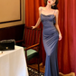 Simple Blue Mermaid Spaghetti Strap Satin Long Prom Dress Vacation Dress SH4316