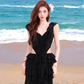 Black A Line V Neck Ruffle Chiffon Long Prom Dress Vacation Dress SH4377