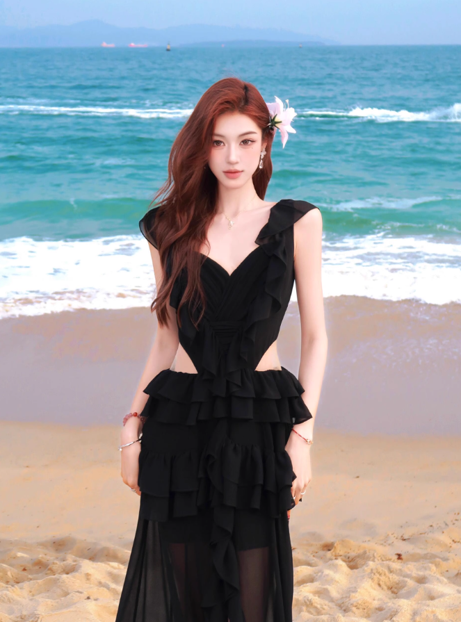 Black A Line V Neck Ruffle Chiffon Long Prom Dress Vacation Dress SH4377