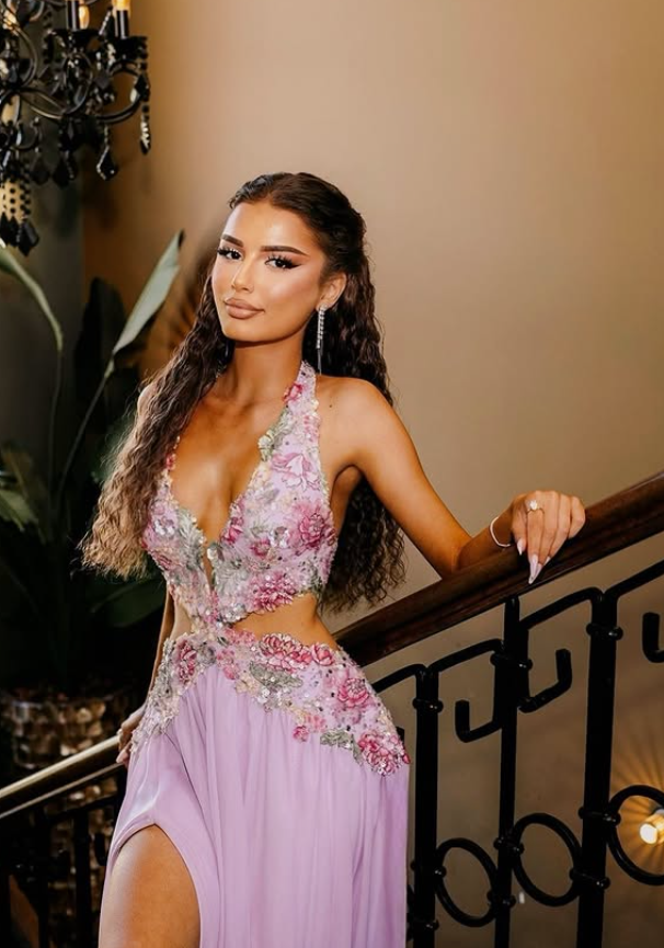 Exquisite Floral A Line V Neck Purple Chiffon Backless Prom Dress Evening Dress SH6334