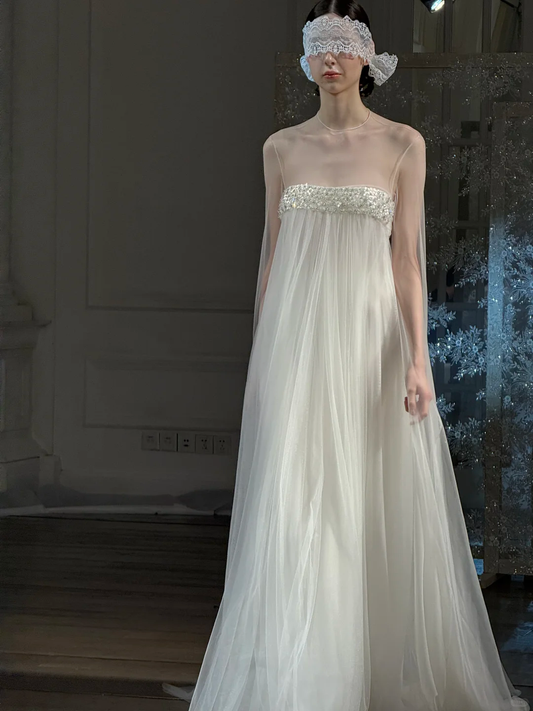 White A Line Long Sleeve Beaded Flowy Tulle Prom Dress Evening Dress SH4277