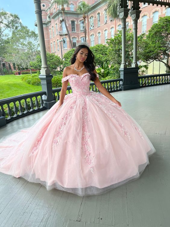 Pink Tulle Applique Long Prom Dress Quinceanera Dress Ball Gown SH970