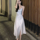 Simple Spaghetti Straps White Satin A Line Slit Party Dress Prom Dress SH1517