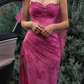 Pink A Line Sweetheart Neck Beaded Lace Prom Dress Evening Dress with Slit SH4438