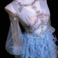 Exquisite Beaded Long Sleeve Blue Feather Tulle Date Dress Evening Dress Prom Dress SH3440