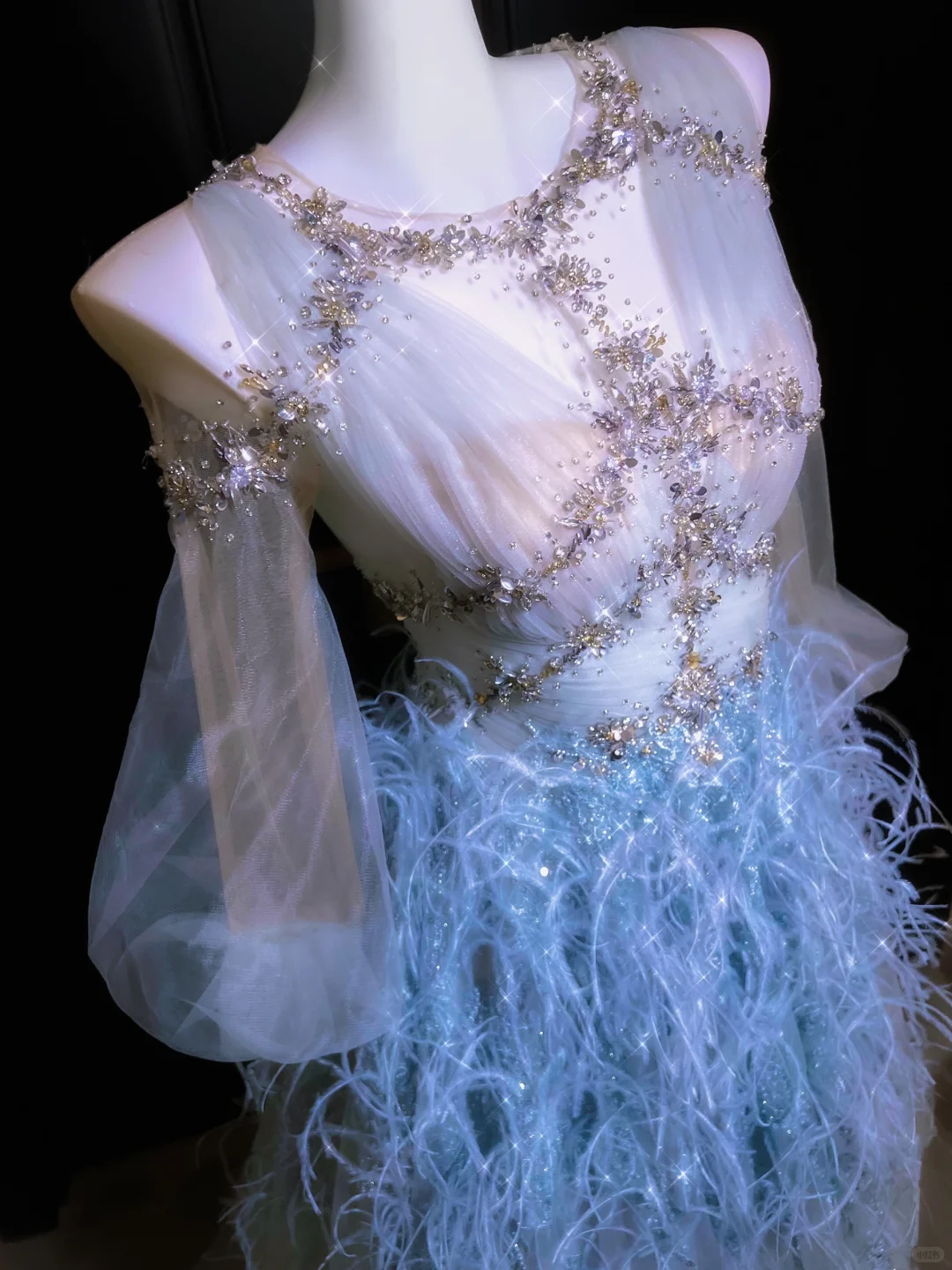 Exquisite Beaded Long Sleeve Blue Feather Tulle Date Dress Evening Dress Prom Dress SH3440