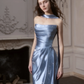 Blue Sheath Strapless Feather Rhinestone Satin Long Prom Dress 16th Birthday Dress SH4192