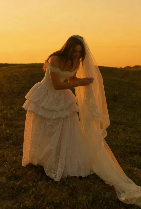Vintage Simple A Line Off the Shoulder White Lace Long Wedding Dress SH5391