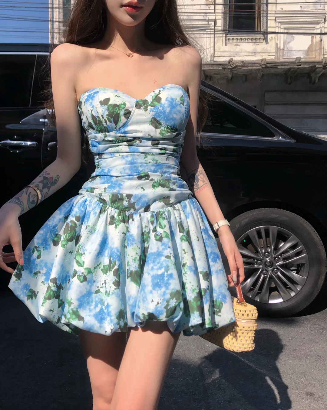 Cute A Line Sweetheart Neck Blue Print Floral Satin Short Homecoming Dress Outfits SH5823