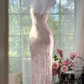 Beige Elegant Sheath Print Floral Chiffon Long Prom Dress Graduation Prom Dress SH5346