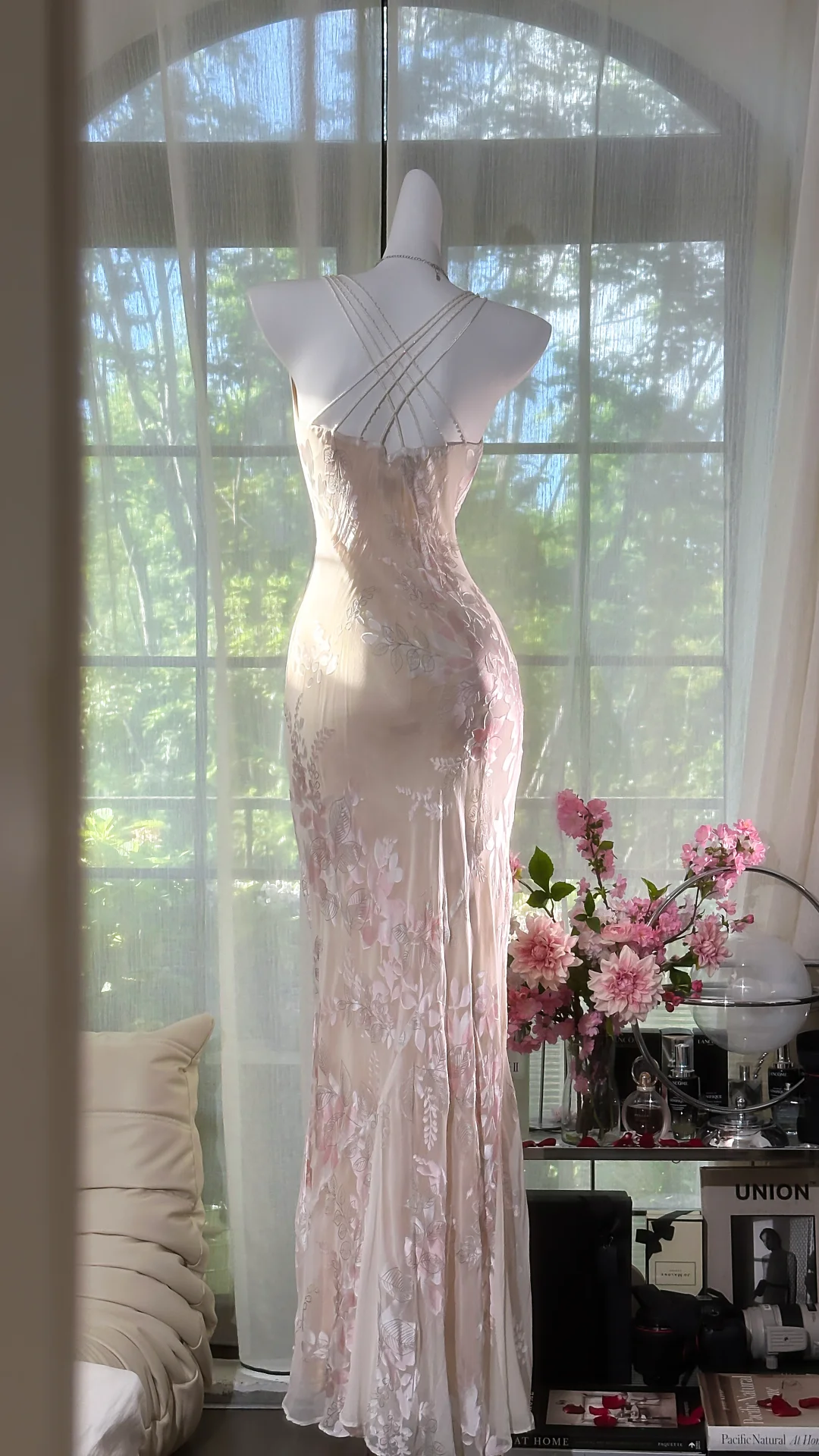 Beige Elegant Sheath Print Floral Chiffon Long Prom Dress Graduation Prom Dress SH5346