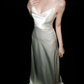 White Pearl A Line Spaghetti Strap Satin Long Wedding Dress SH5977