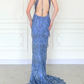 Exquisite Layered Beading Sheath Halter Blue Chiffon Backless Long Prom Dress Evening Dress SH6765