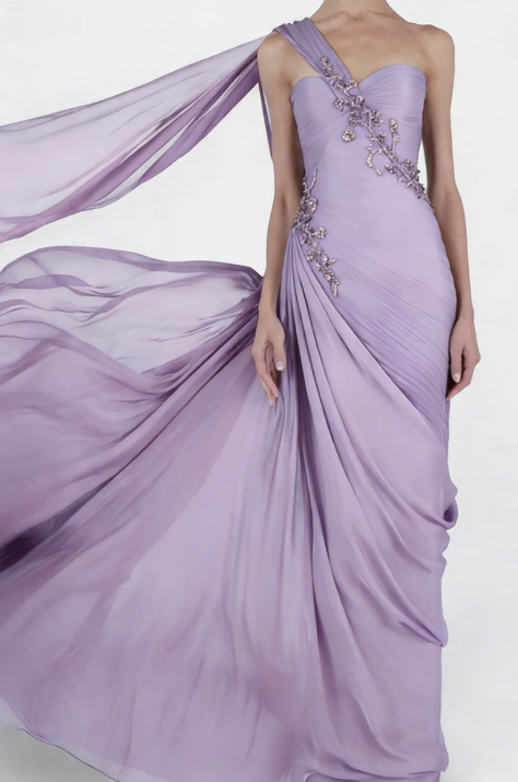 Light Pink Sheath One Shoulder Pleated Beaded Chiffon Prom Dress Wedding Guest Dress SH4699