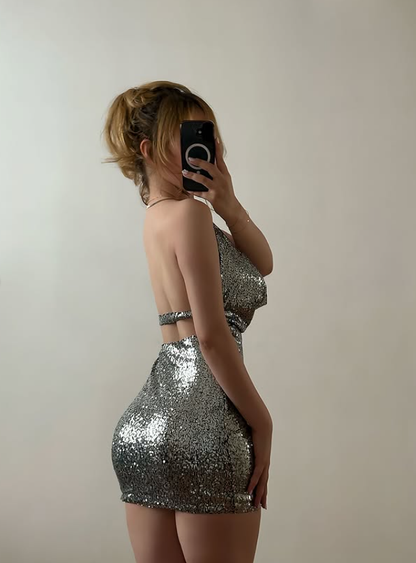 Sexy Silver Spaghetti Straps Sequin Backless Short Prom Dress Homecoming Dress Outfits SH6841