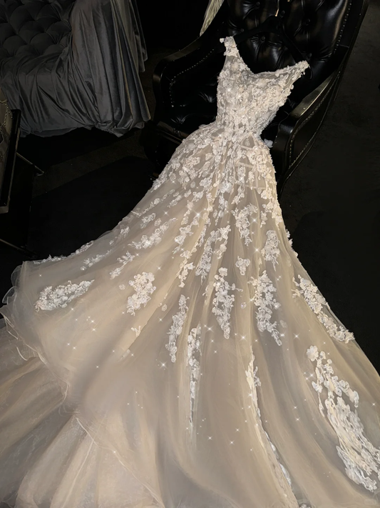 Shiny A Line V Neck White Appliques Tulle Long Party Dress Evening Dress SH2910