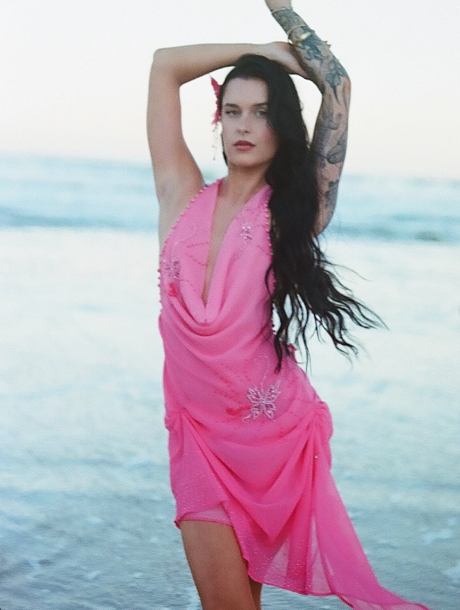 Sexy Pink Sheath Halter Pleated Beaded Chiffon Vacation Dress Outfits SH3893