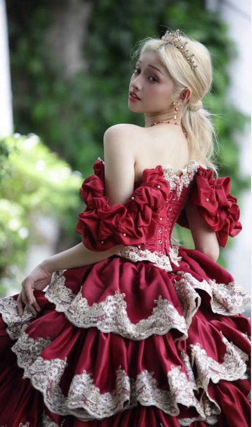 Burgundy Ball Gown Off the Shoulder Layered Lace Beaded Satin Quinceanera Dresses SH4871