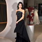Sexy A Line Straps Exquisite Floral Beaded Black Chiffon Prom Dress Party Dress SH5338