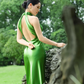 Charming Green Sheath Halter Satin Open Back Prom Dress 21th Birthday Dress SH4382