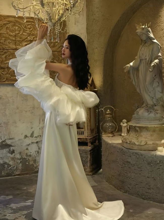 Elegant A Line Strapless White Lace Satin Long Sweep Prom Dress Wedding Dress SH4647