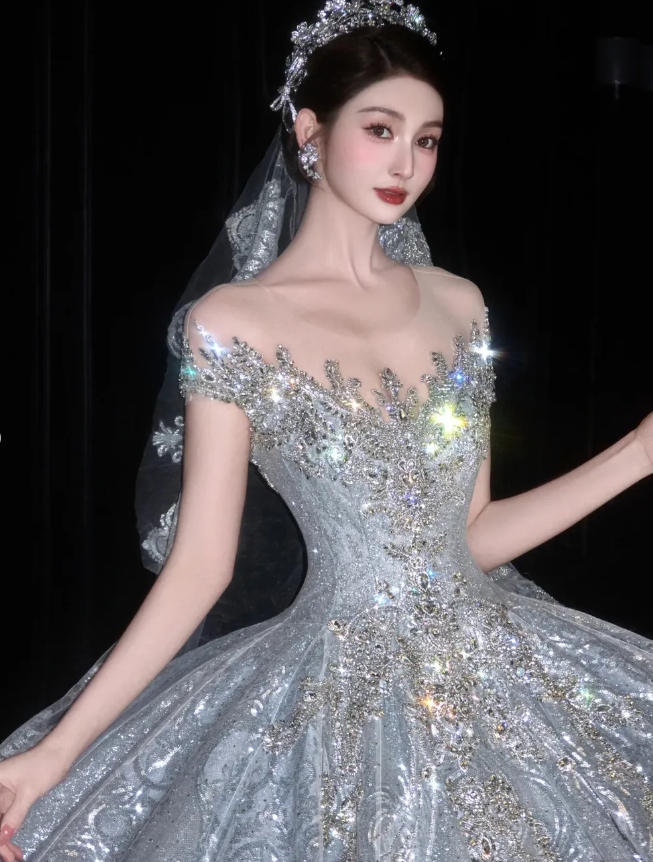 Shiny Rhinestone Beaded Silver Sequin Ball V Neck Prom Dress Evening Dress Party Dress SH3613