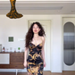 Classic Mermaid Spaghetti Strap Printed Floral Black Satin Prom Dress Wedding Guest Dress SH4560