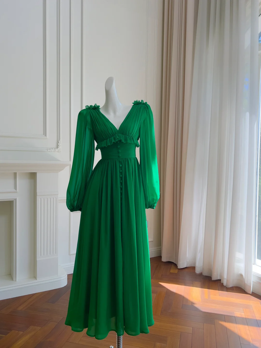 Stunning A Line Long Sleeve Emerald Chiffon Prom Dress Wedding Guest Dress SH3018