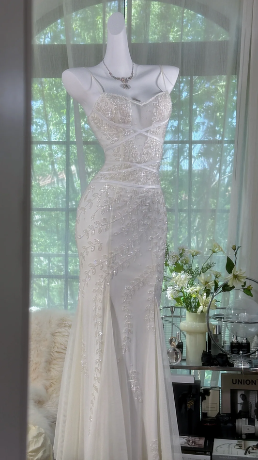 Gentle Mermaid Spaghetti Strap Beaded  White Chiffon Long Prom Dress Evening Dress SH2984